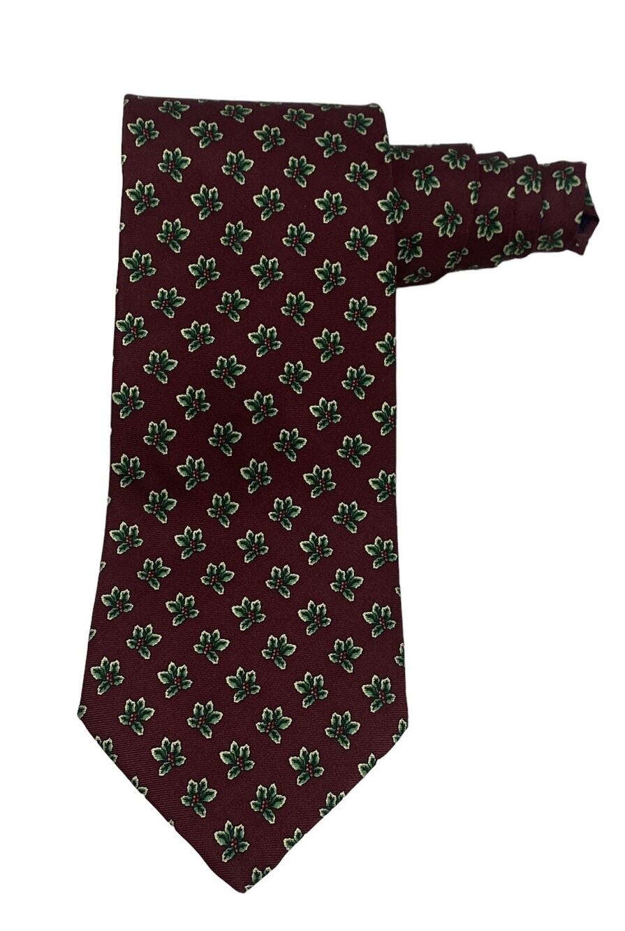 1990s Brooks Brothers Men’s Tie Holly Design Maroon Background Silk USA 57”